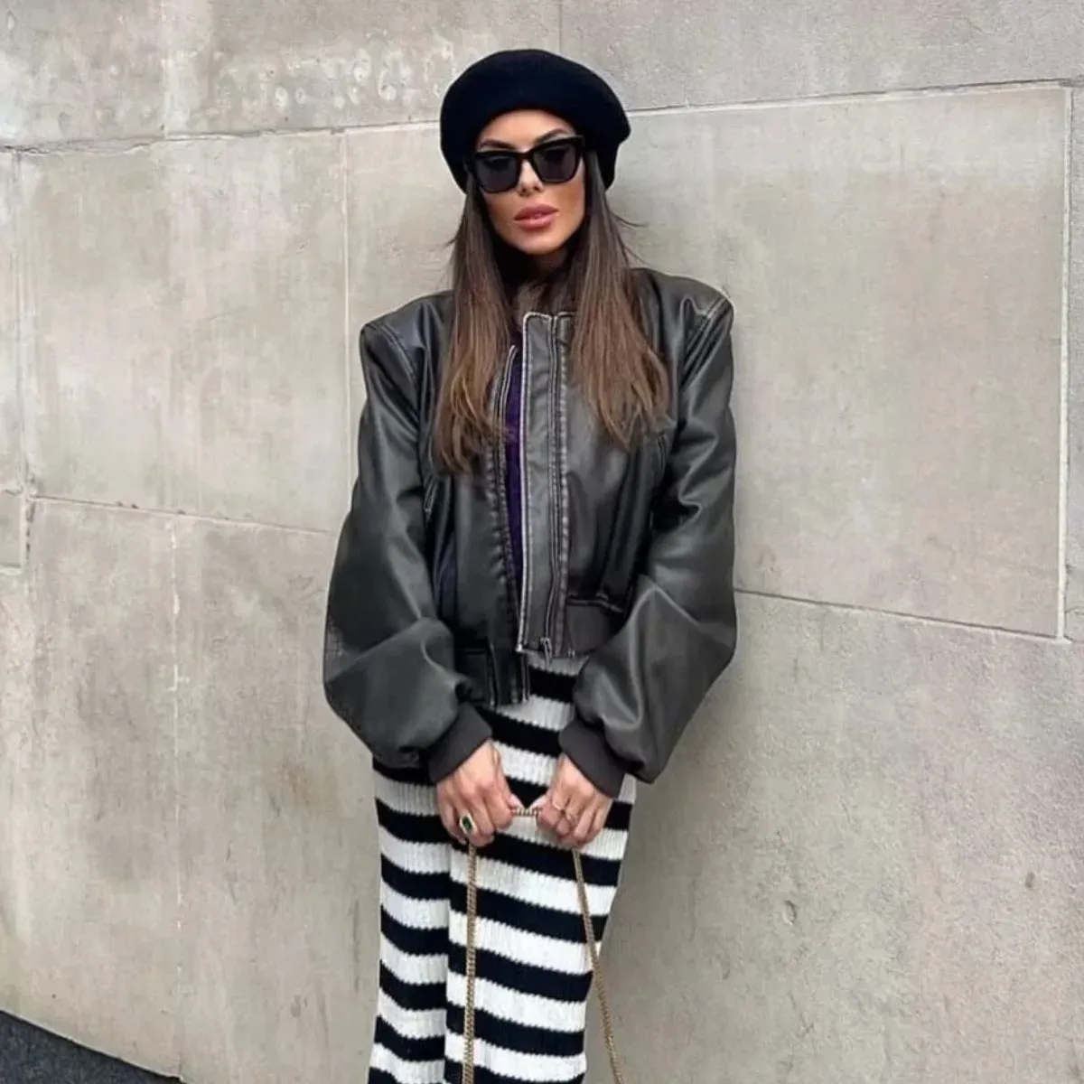 Advbridge Street Fashion Short Slim-fit PU Leather Zipper Jacket,Women's Autumn New Stand Collar Locomotive Clothing, Pilot Leather Jacket