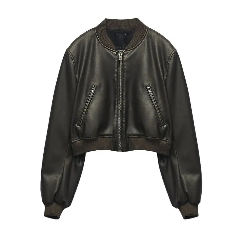 Advbridge Street Fashion Short Slim-fit PU Leather Zipper Jacket,Women's Autumn New Stand Collar Locomotive Clothing, Pilot Leather Jacket