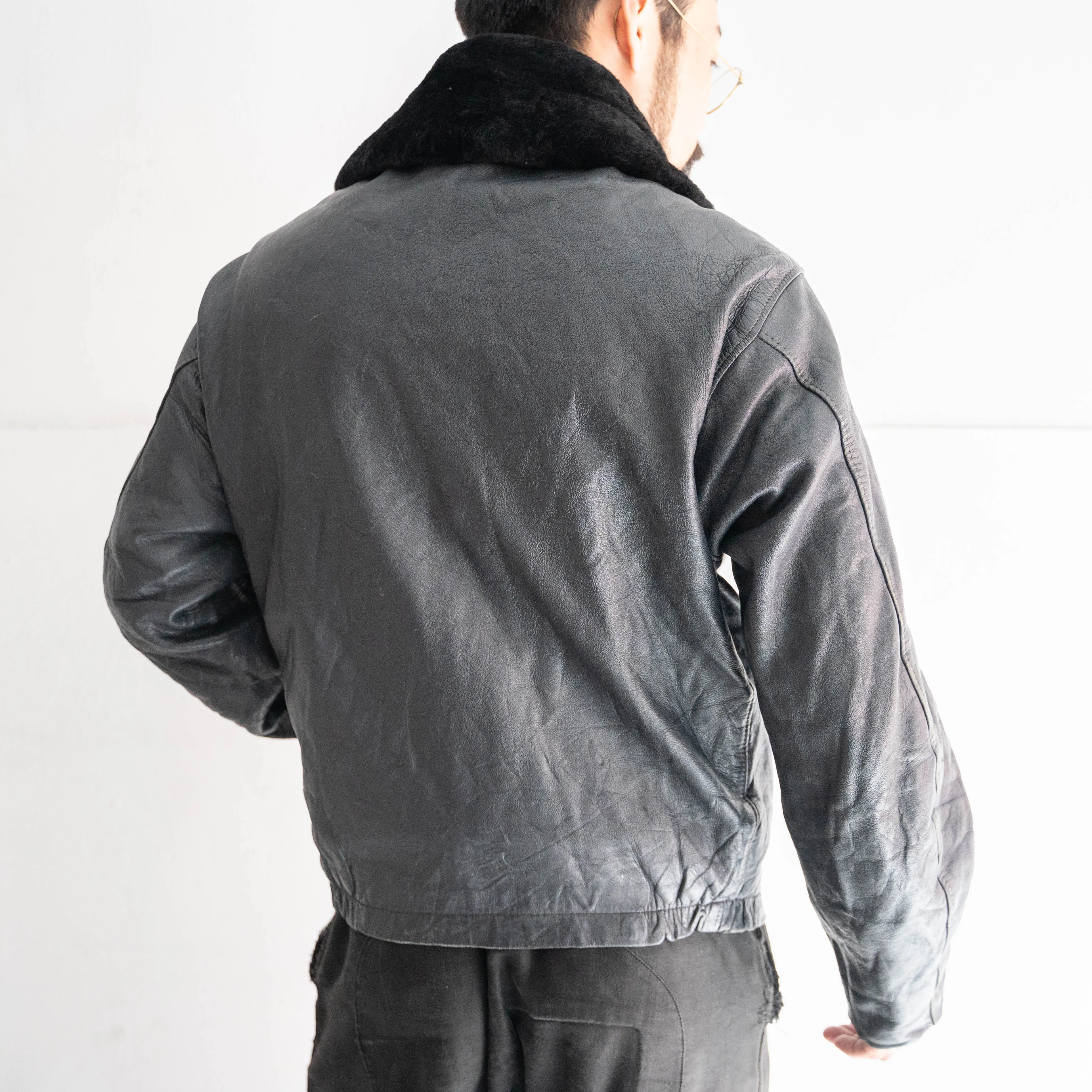 around 1970s French military pilot type leather jacket 'with fur'