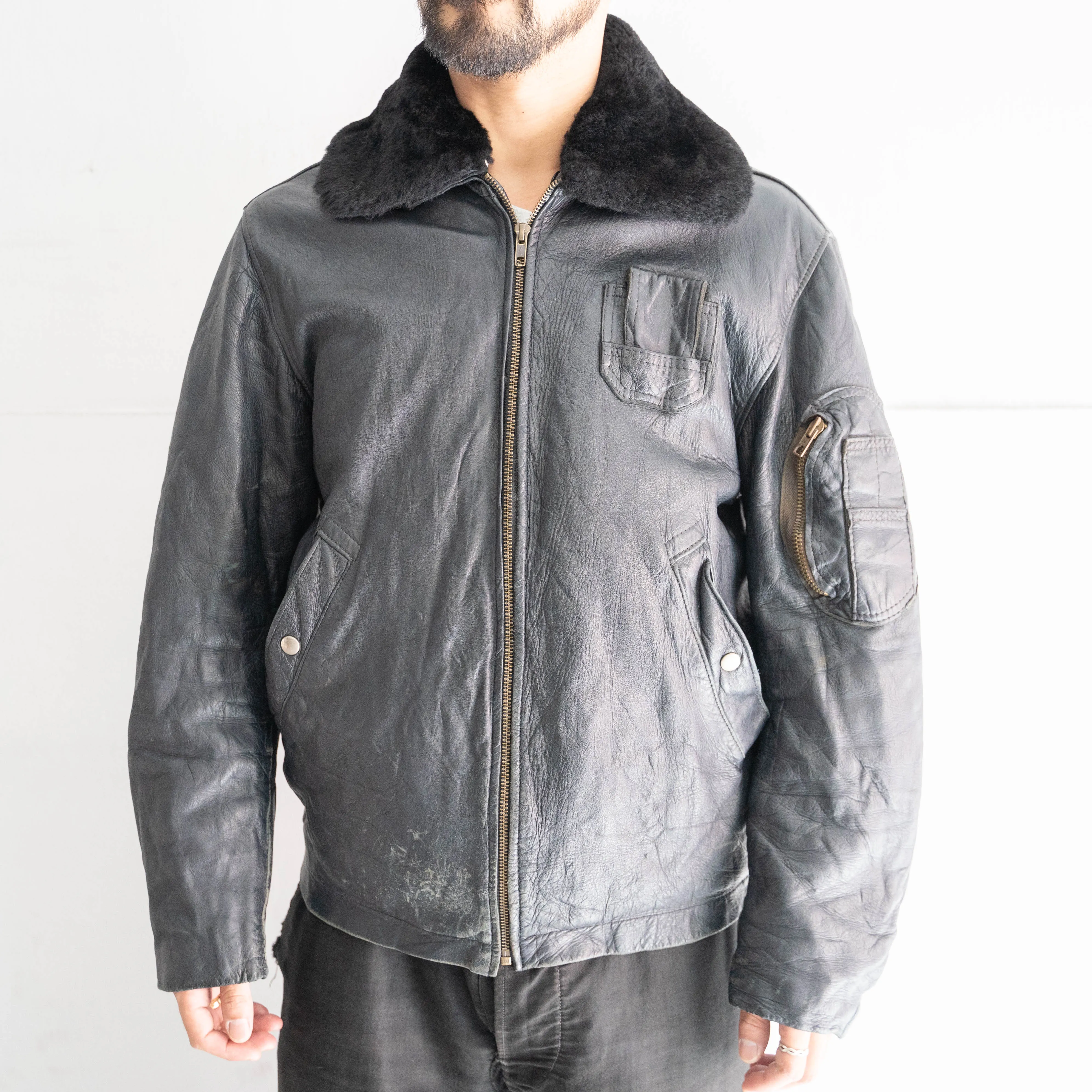 around 1970s French military pilot type leather jacket 'with fur'