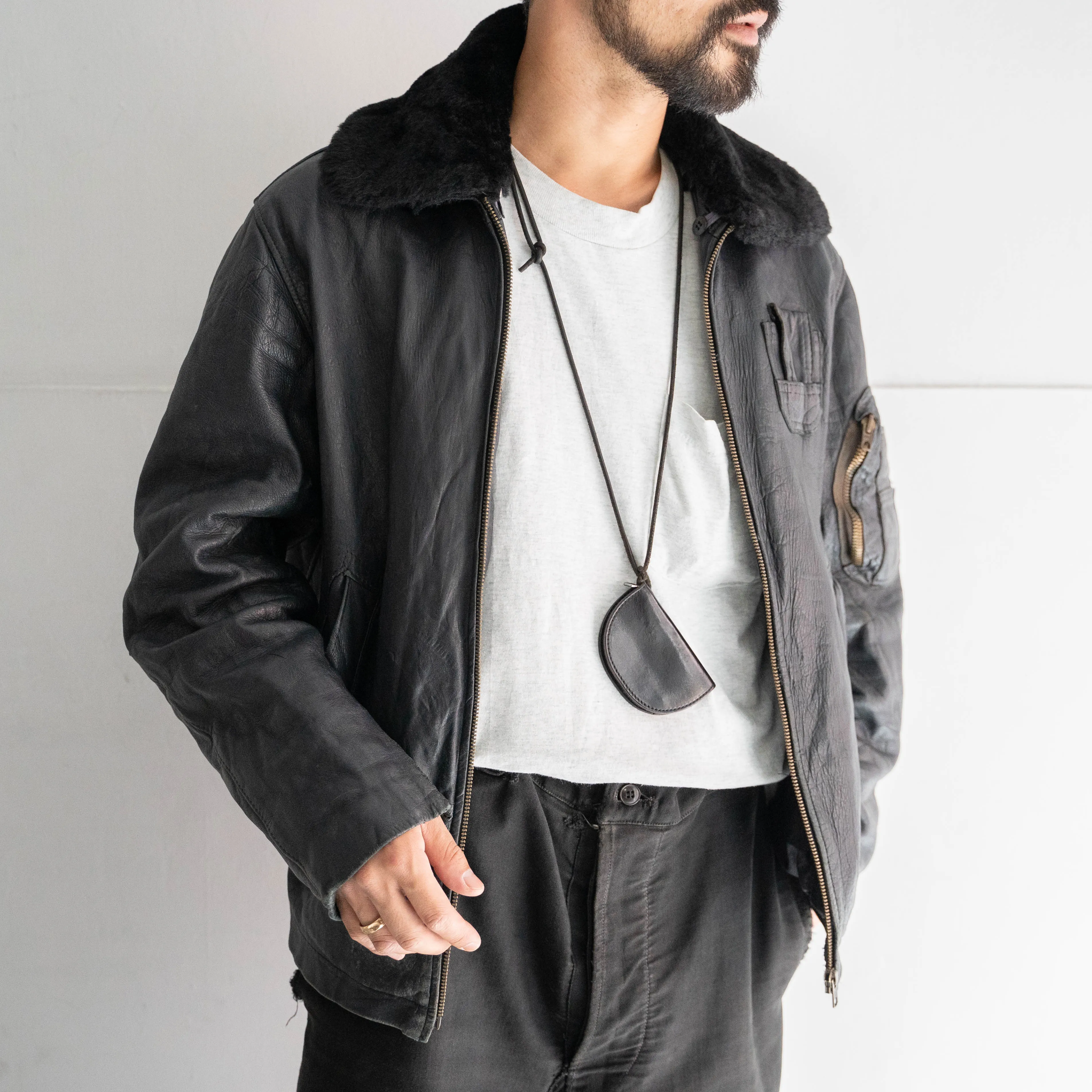 around 1970s French military pilot type leather jacket 'with fur'
