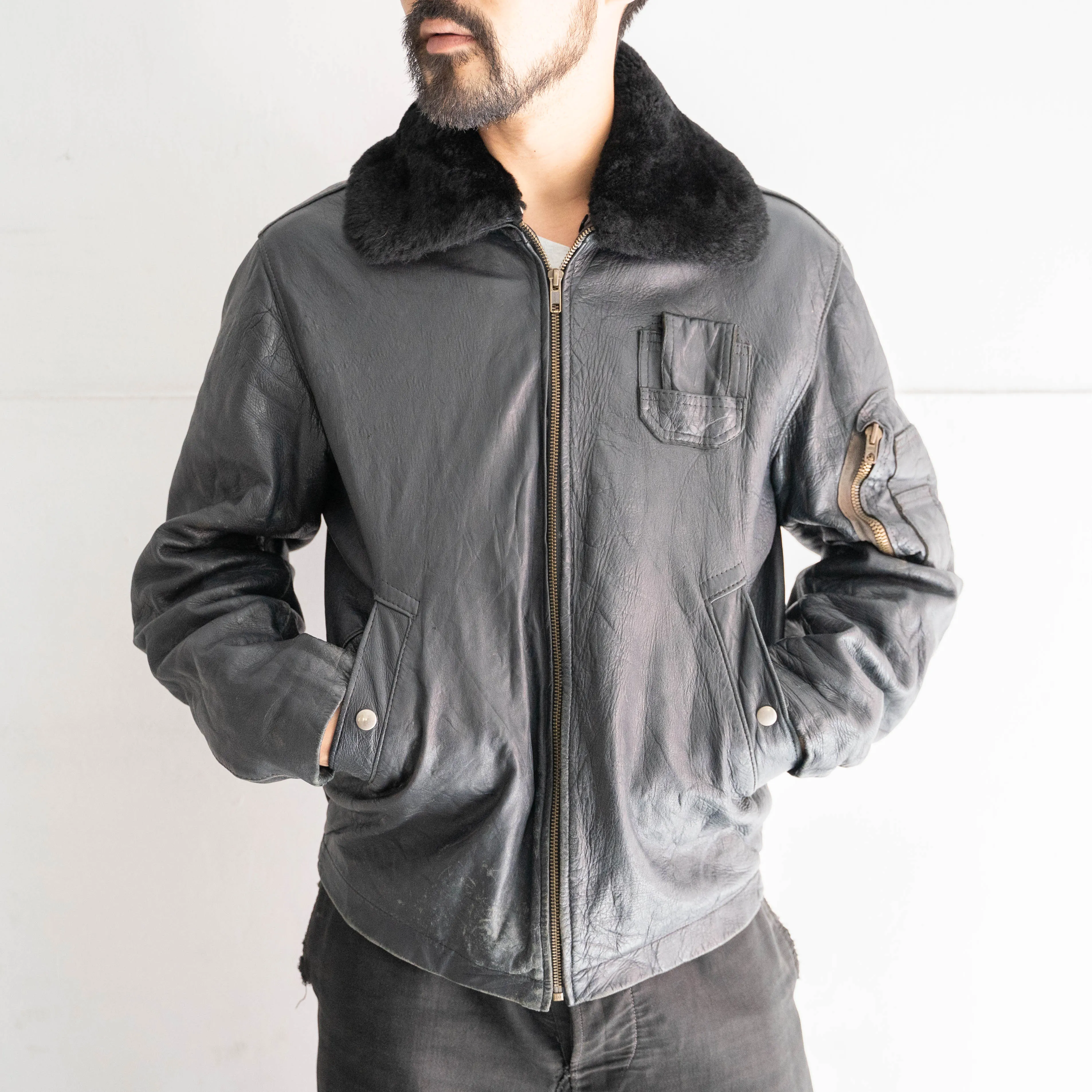 around 1970s French military pilot type leather jacket 'with fur'