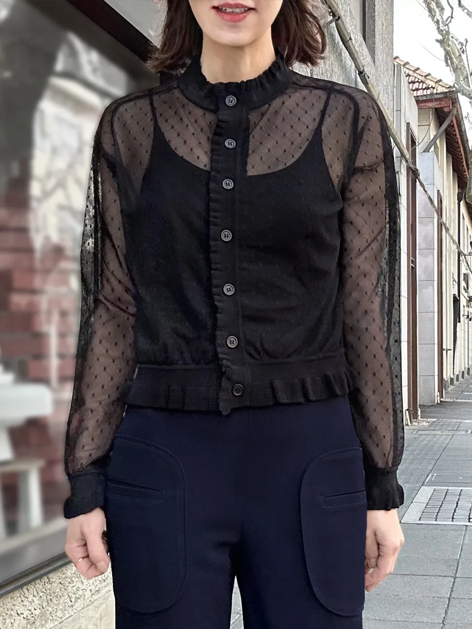 Black Seam Detail Dotted Fishnet Sheer Cardigan Sweater