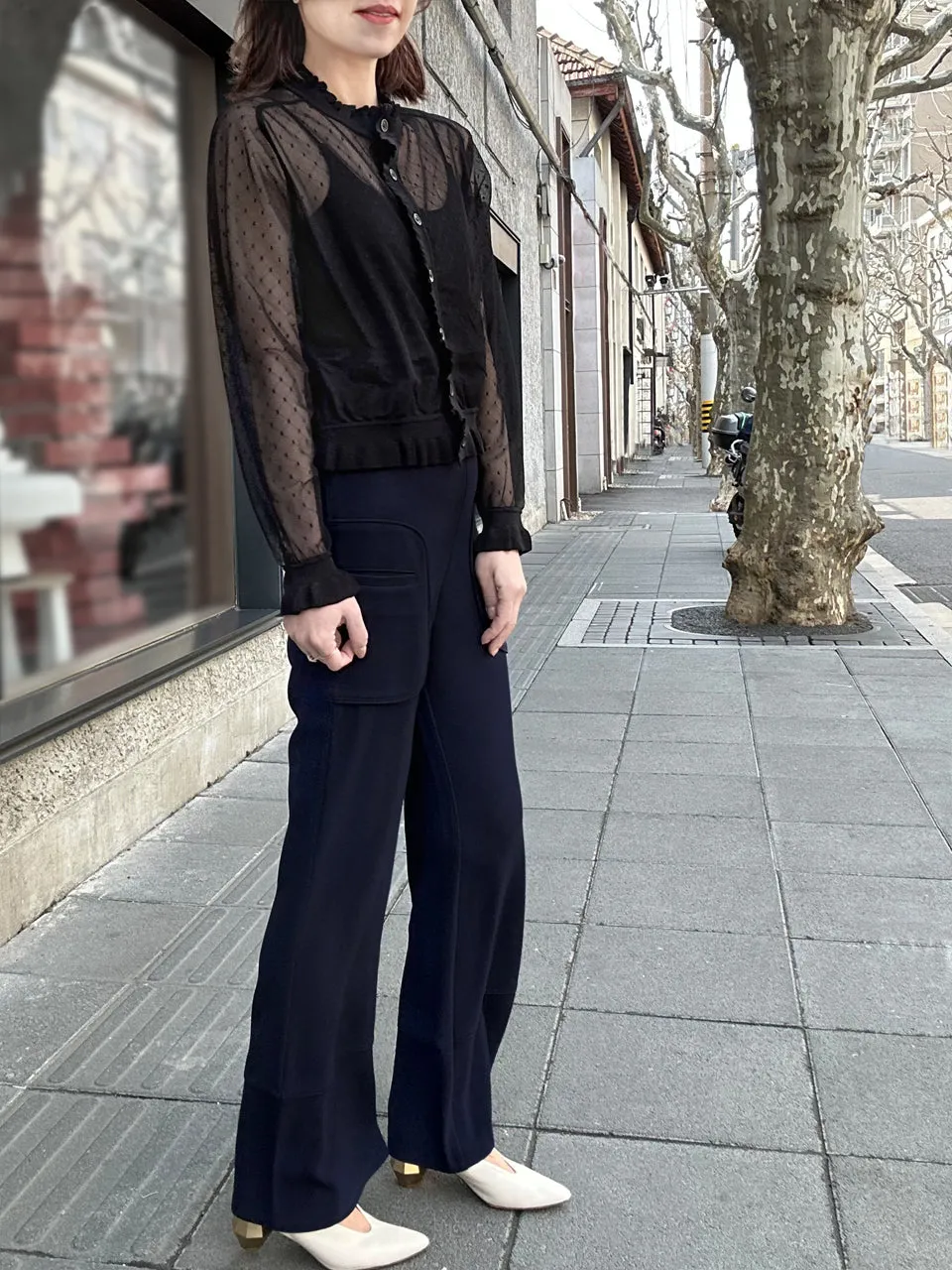 Black Seam Detail Dotted Fishnet Sheer Cardigan Sweater