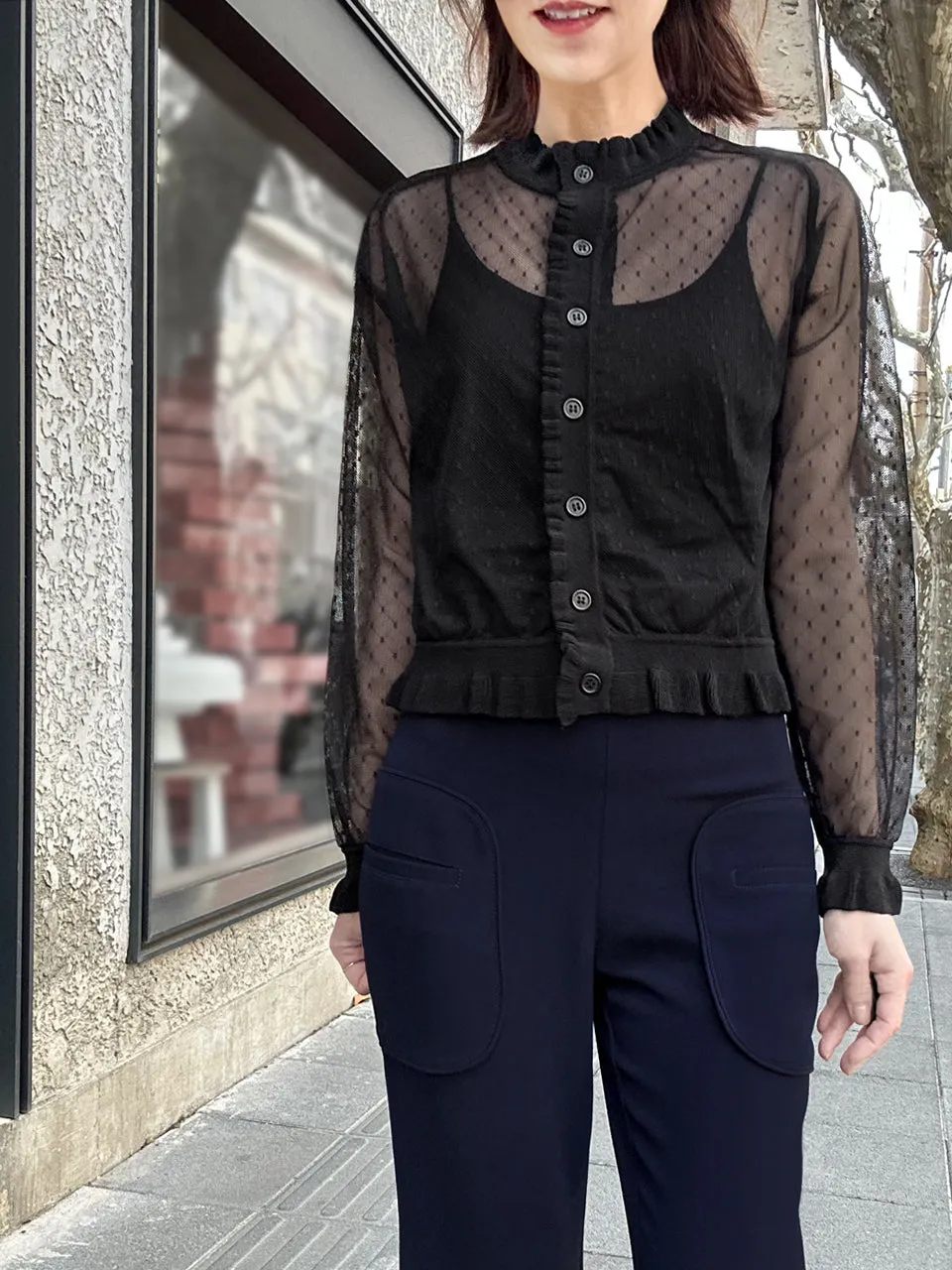 Black Seam Detail Dotted Fishnet Sheer Cardigan Sweater