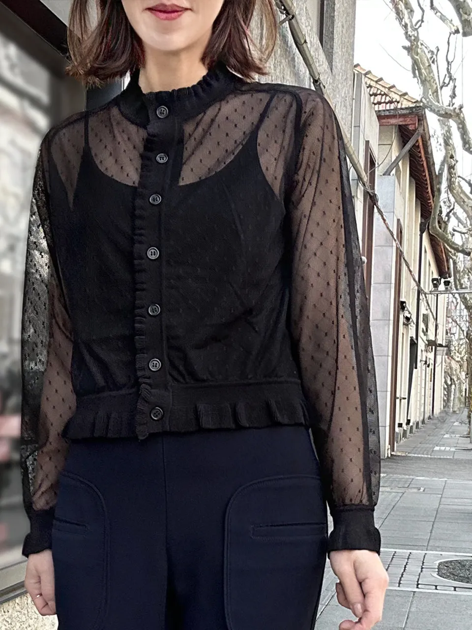 Black Seam Detail Dotted Fishnet Sheer Cardigan Sweater