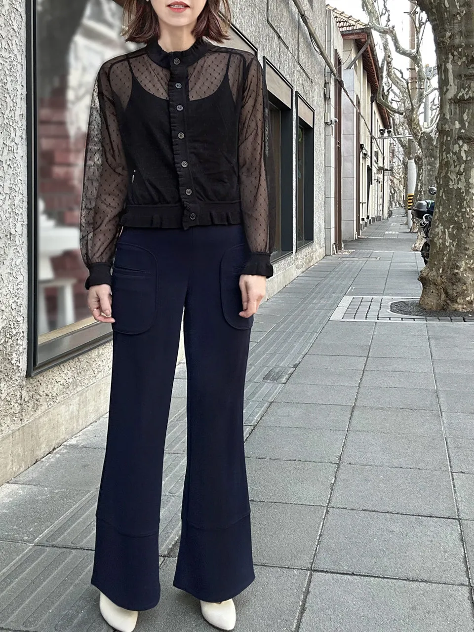 Black Seam Detail Dotted Fishnet Sheer Cardigan Sweater