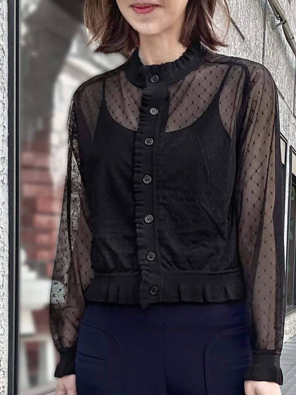 Black Seam Detail Dotted Fishnet Sheer Cardigan Sweater