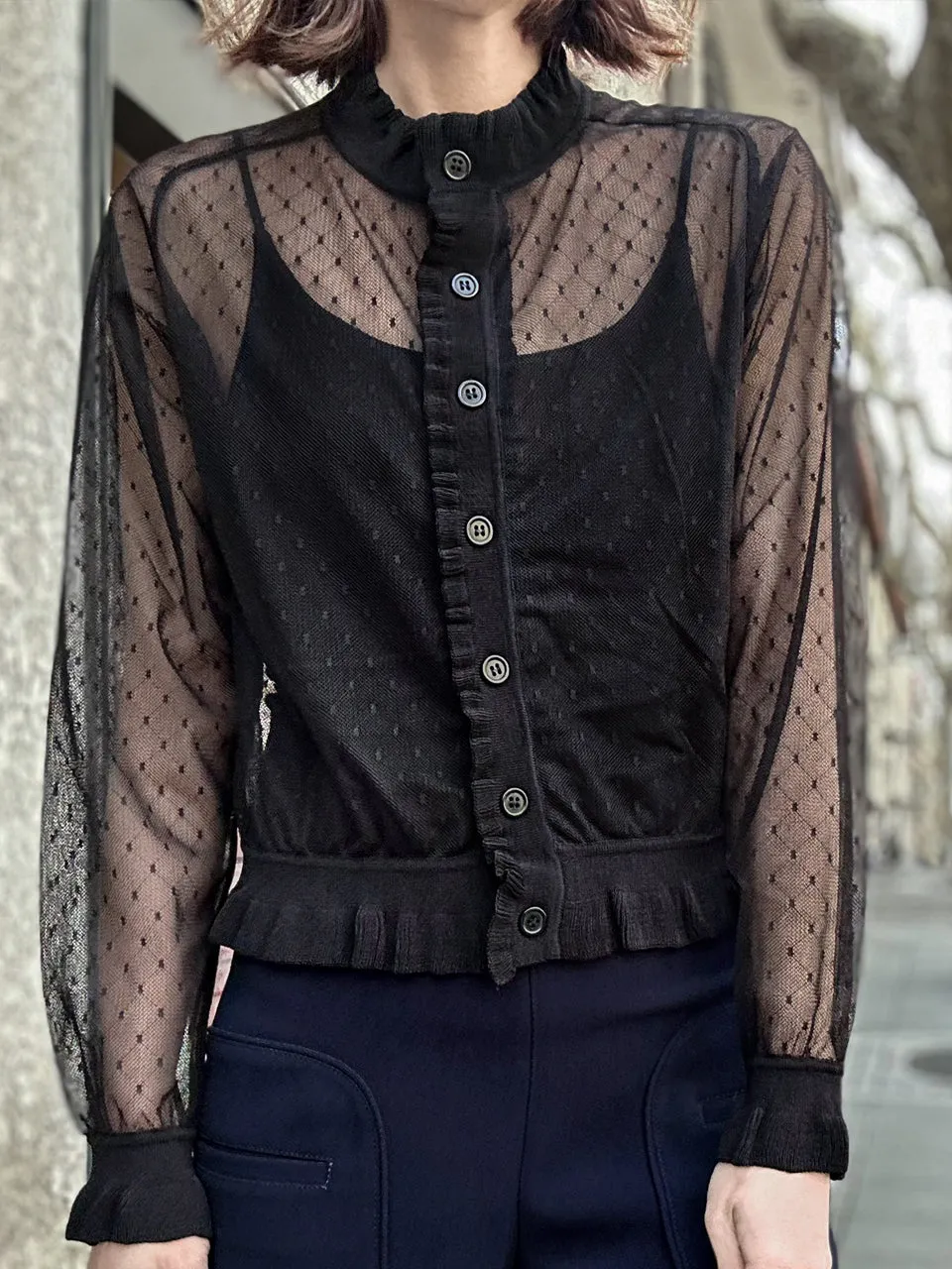 Black Seam Detail Dotted Fishnet Sheer Cardigan Sweater