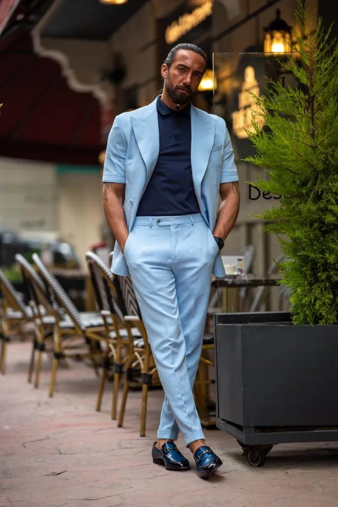 Blue Short Sleeve Summer Casual Suit