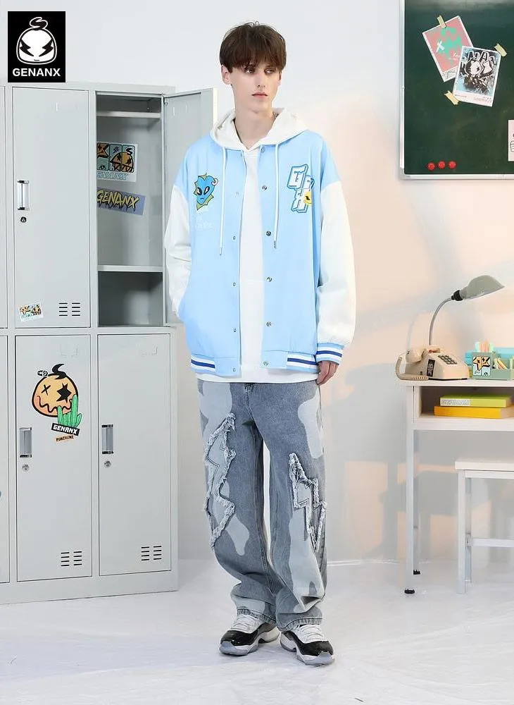 Campus Embroidered Print Color Block Couple Baseball Jersey