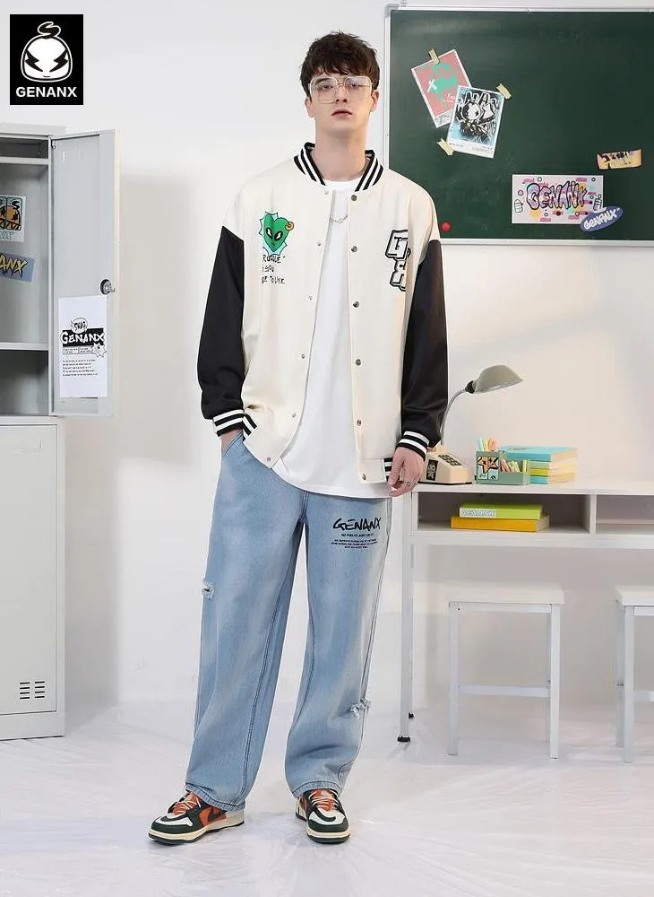 Campus Embroidered Print Color Block Couple Baseball Jersey