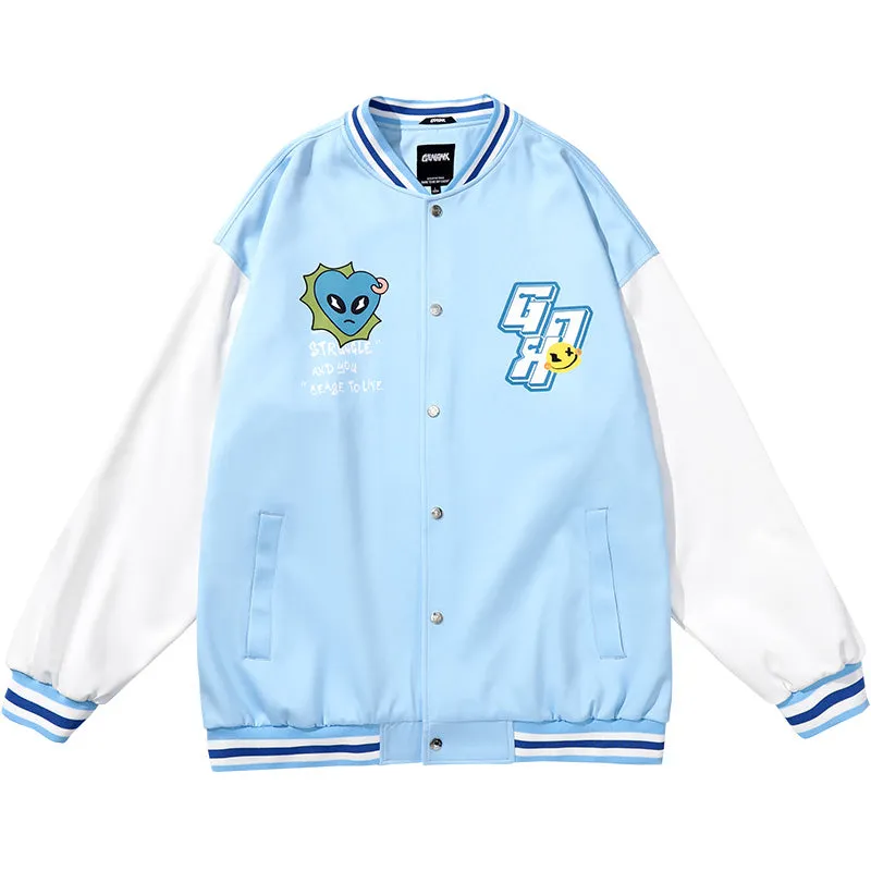 Campus Embroidered Print Color Block Couple Baseball Jersey