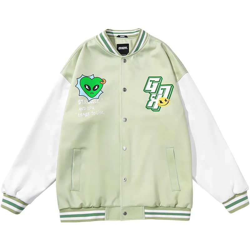 Campus Embroidered Print Color Block Couple Baseball Jersey