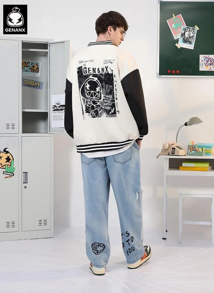 Campus Embroidered Print Color Block Couple Baseball Jersey