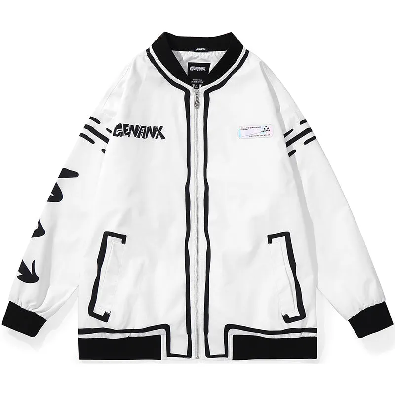 Comic Black And White Graffiti Print Baseball Couple Jacket