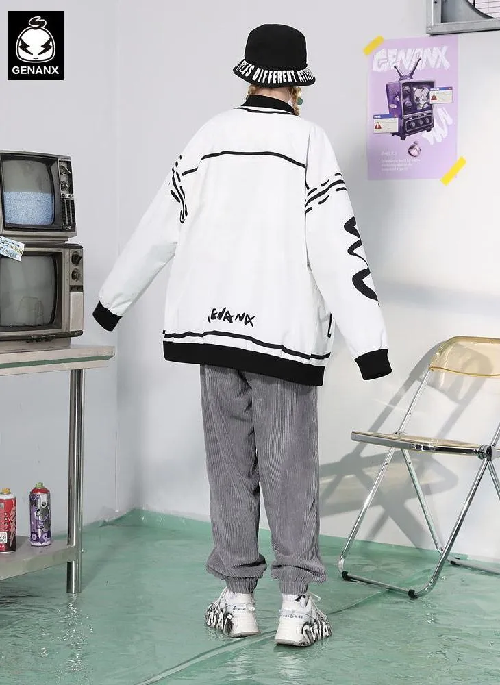 Comic Black And White Graffiti Print Baseball Couple Jacket