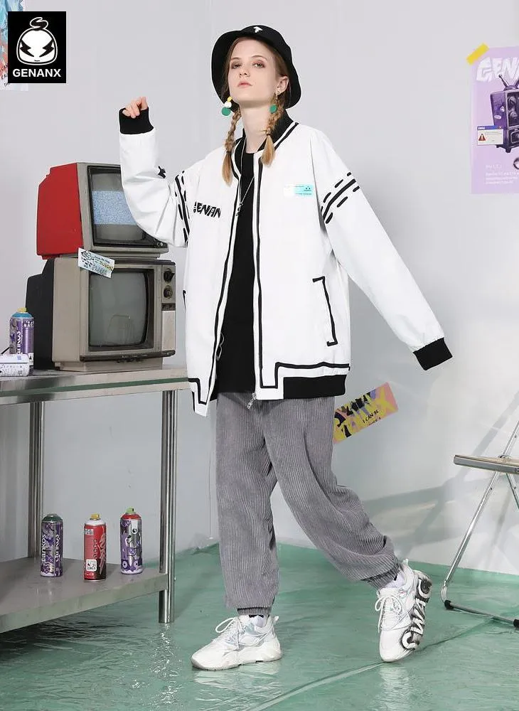 Comic Black And White Graffiti Print Baseball Couple Jacket