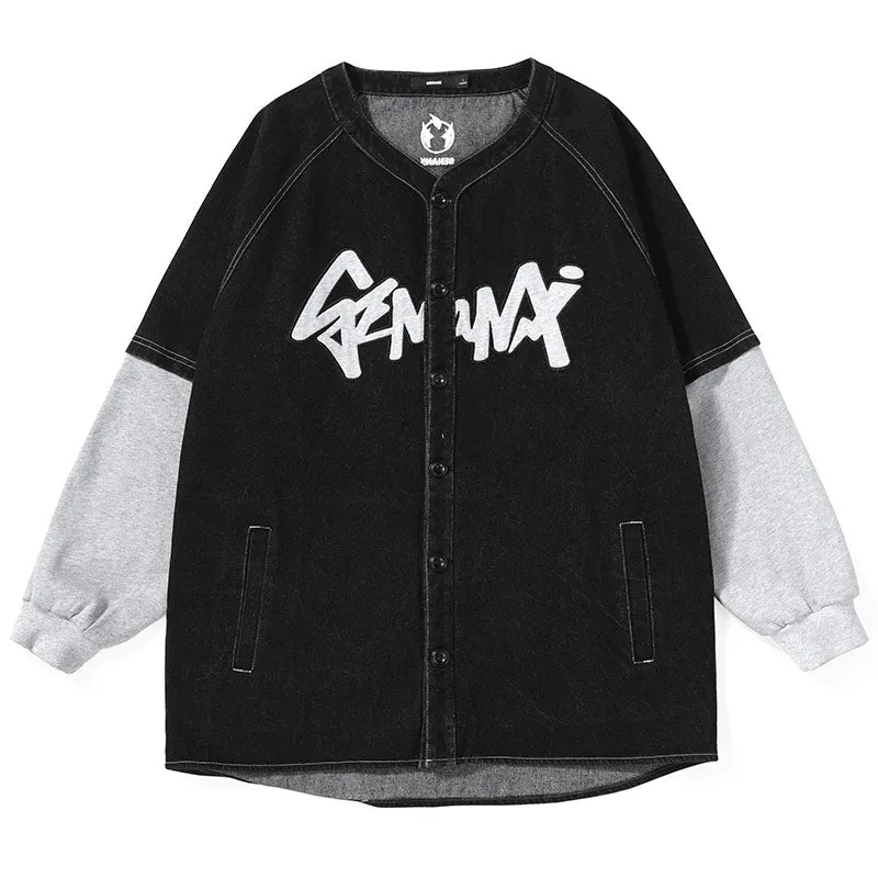 Fake Two Piece Embroidery Denim Jacket