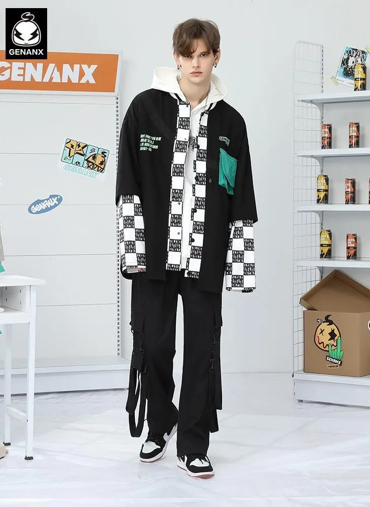 Fake Two Piece Plaid Print Baseball Collar Jacket