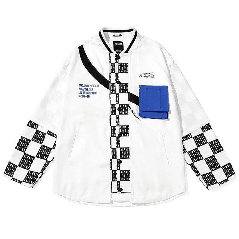 Fake Two Piece Plaid Print Baseball Collar Jacket