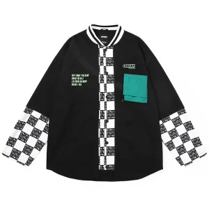 Fake Two Piece Plaid Print Baseball Collar Jacket