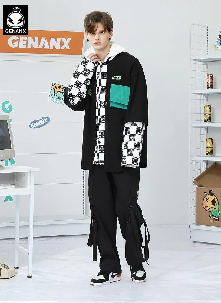 Fake Two Piece Plaid Print Baseball Collar Jacket