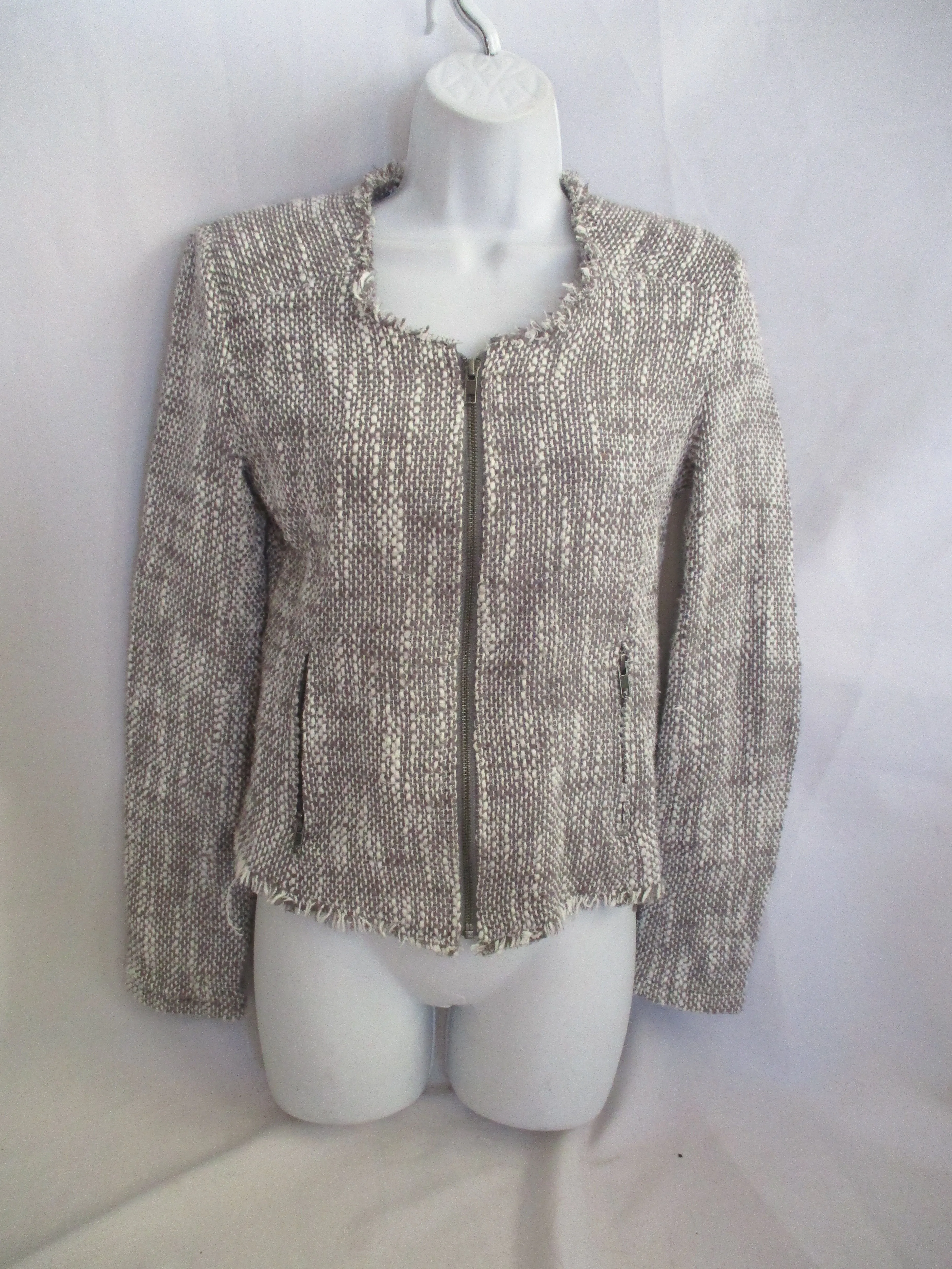 JOIE Gray White Tweed Fringe Full Zip Collis Cardigan Two Tone Jacket M $298