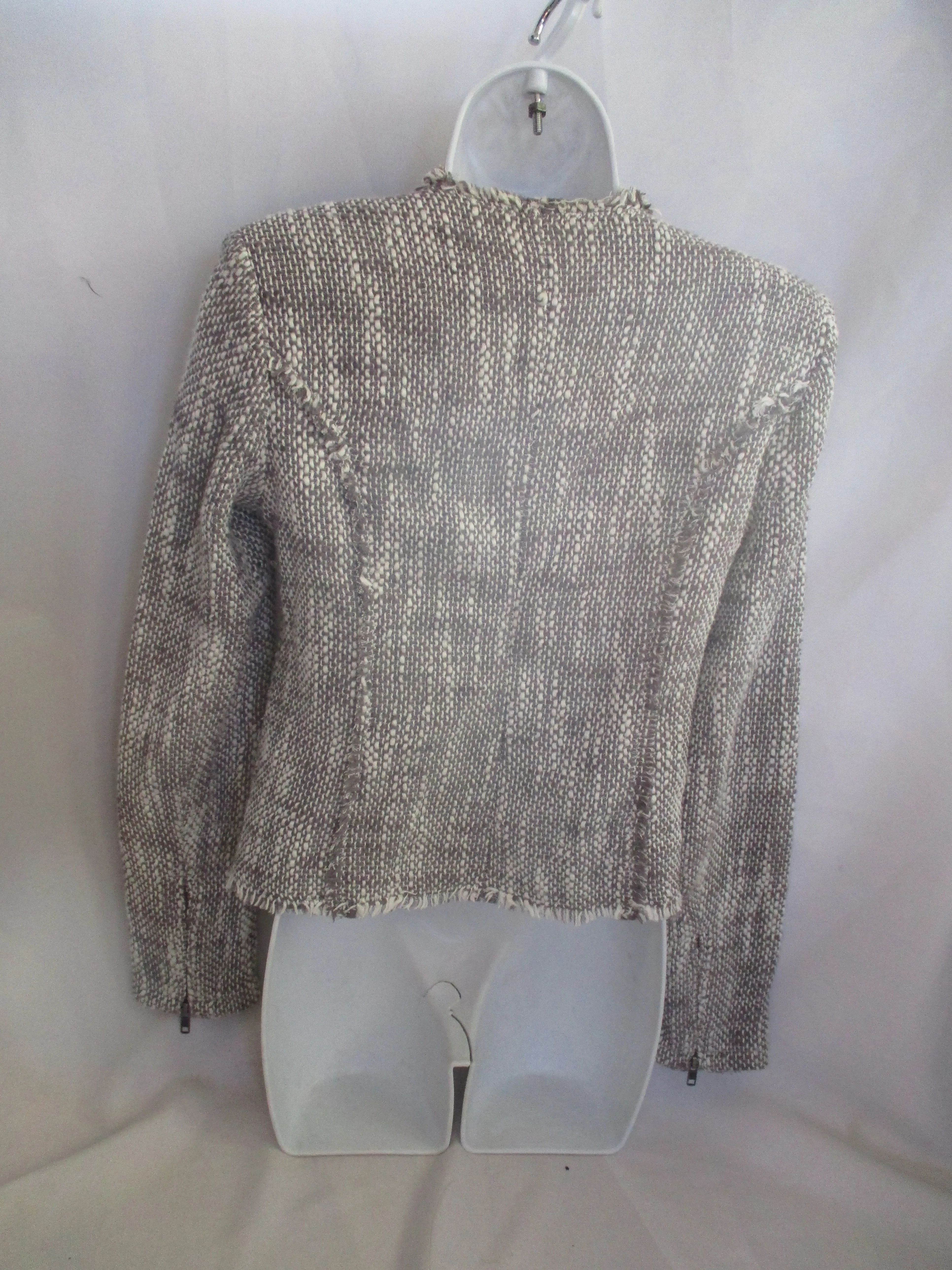 JOIE Gray White Tweed Fringe Full Zip Collis Cardigan Two Tone Jacket M $298