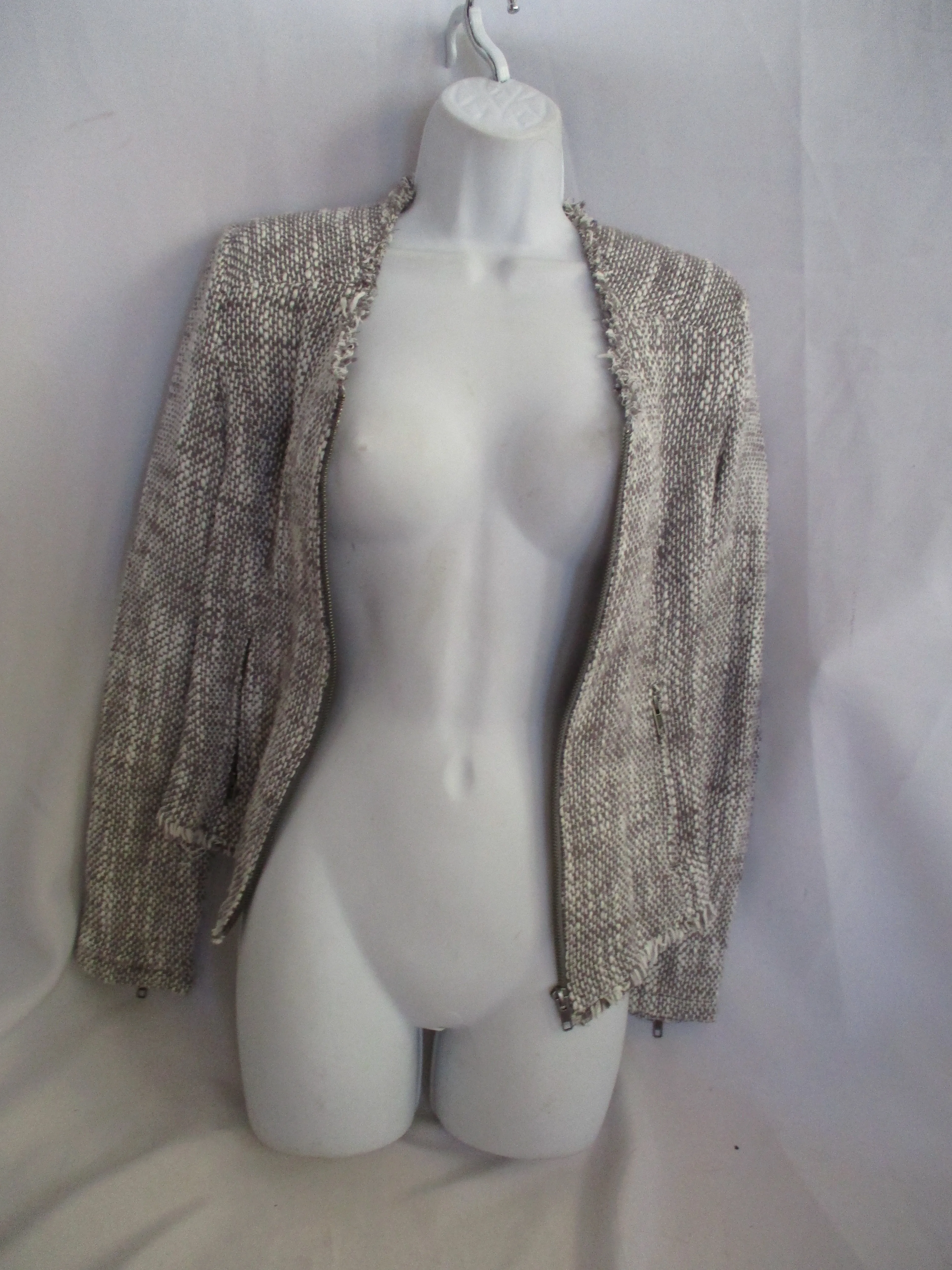 JOIE Gray White Tweed Fringe Full Zip Collis Cardigan Two Tone Jacket M $298