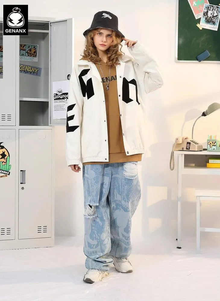 Letter Graffiti Print Lapel Snap Button Stretch Cuff Jacket