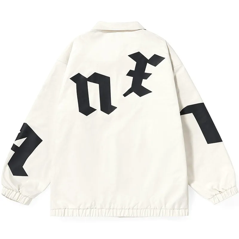 Letter Graffiti Print Lapel Snap Button Stretch Cuff Jacket
