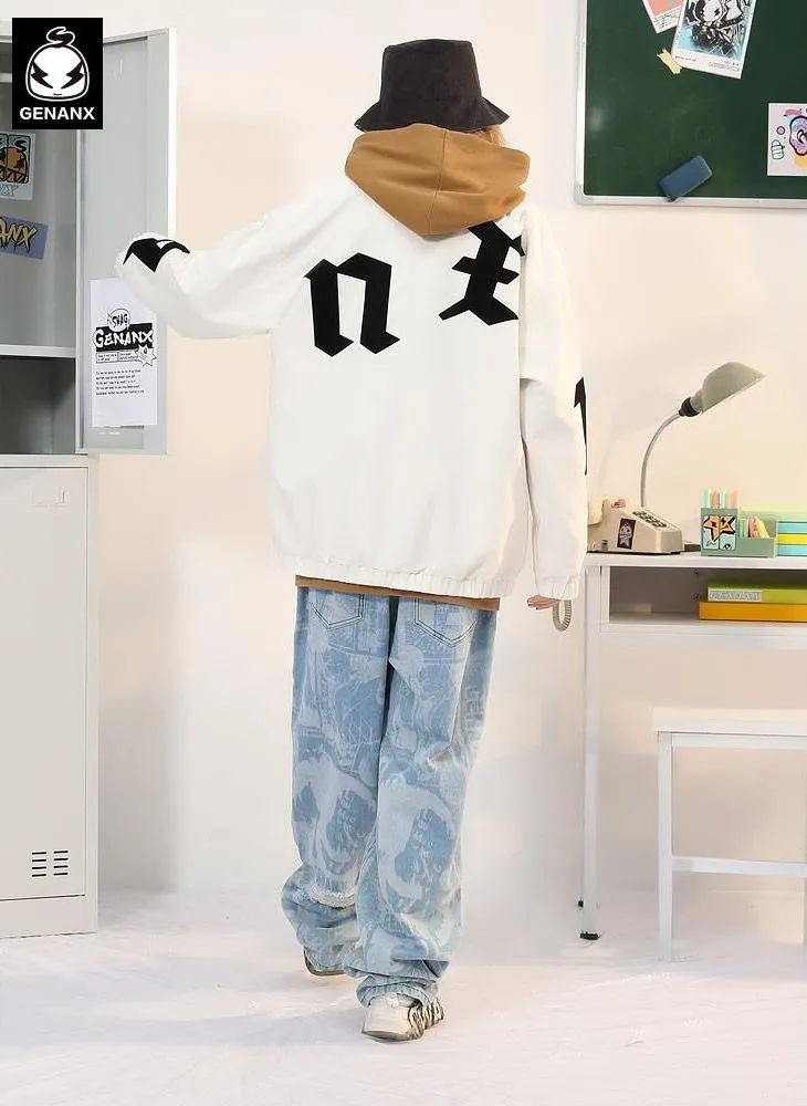Letter Graffiti Print Lapel Snap Button Stretch Cuff Jacket
