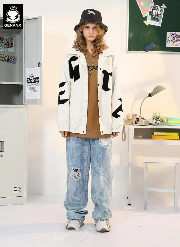 Letter Graffiti Print Lapel Snap Button Stretch Cuff Jacket