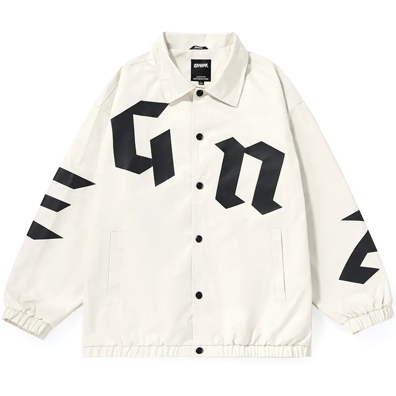 Letter Graffiti Print Lapel Snap Button Stretch Cuff Jacket