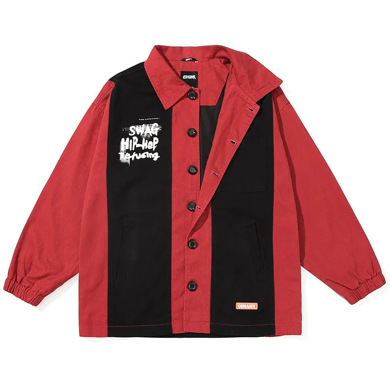 Logo Print Contrast Color Lapel Jacket