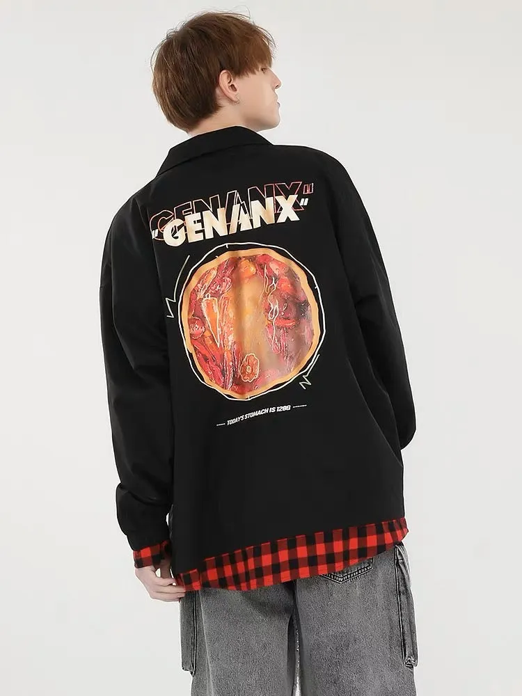 Meal Series Fake Two-piece Color-block Check Hot Pot Print Jacket