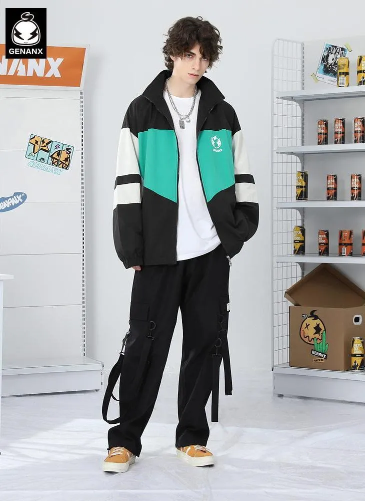 Minimalist Color Block Print Stand Collar Jacket