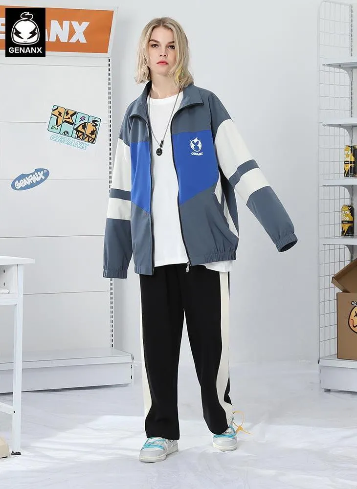 Minimalist Color Block Print Stand Collar Jacket