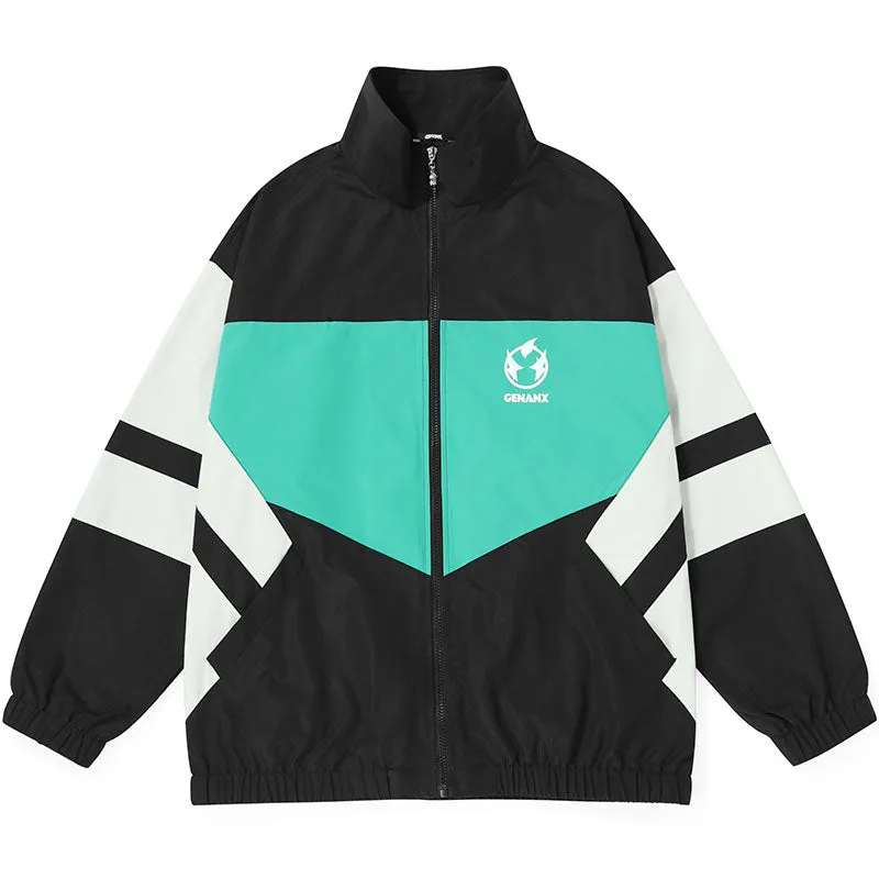 Minimalist Color Block Print Stand Collar Jacket
