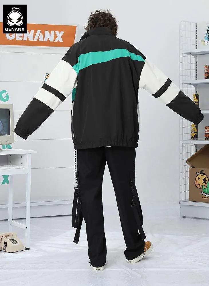 Minimalist Color Block Print Stand Collar Jacket