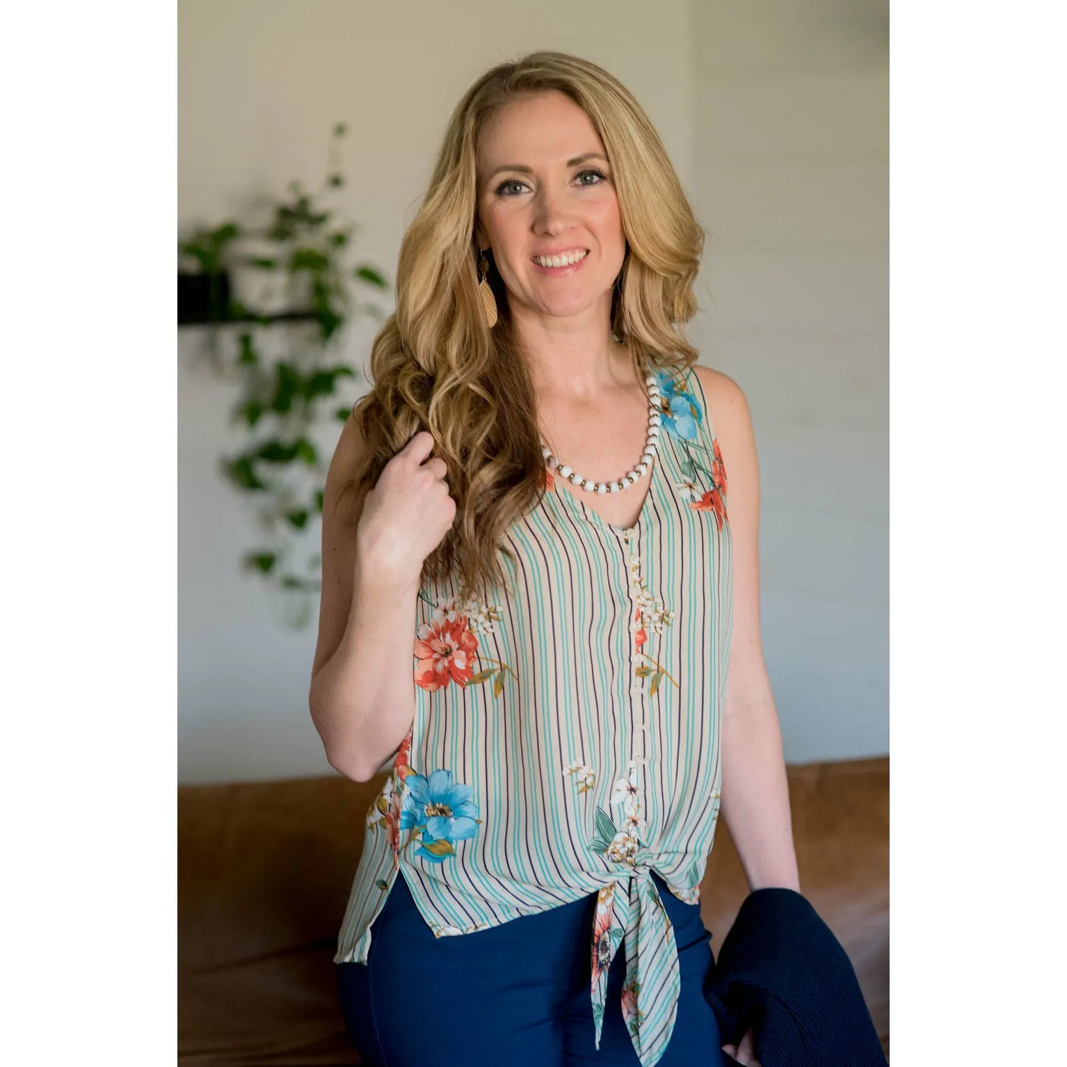 Mixed Tie Front Tank - Blue
