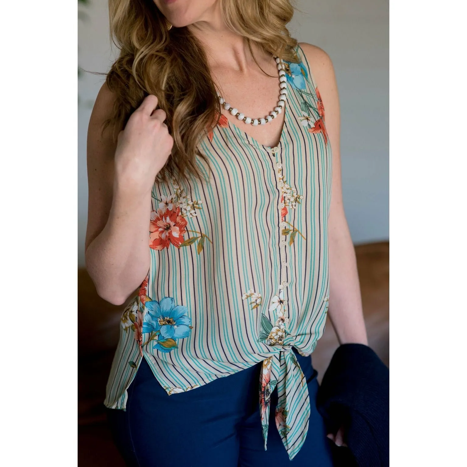 Mixed Tie Front Tank - Blue