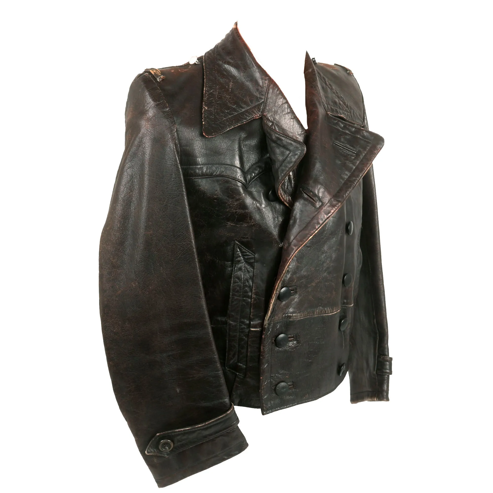 Original German WWII Luftwaffe Pilot / Panzer Tanker Style Private Purchase Double Breasted Brown Leather Jacket