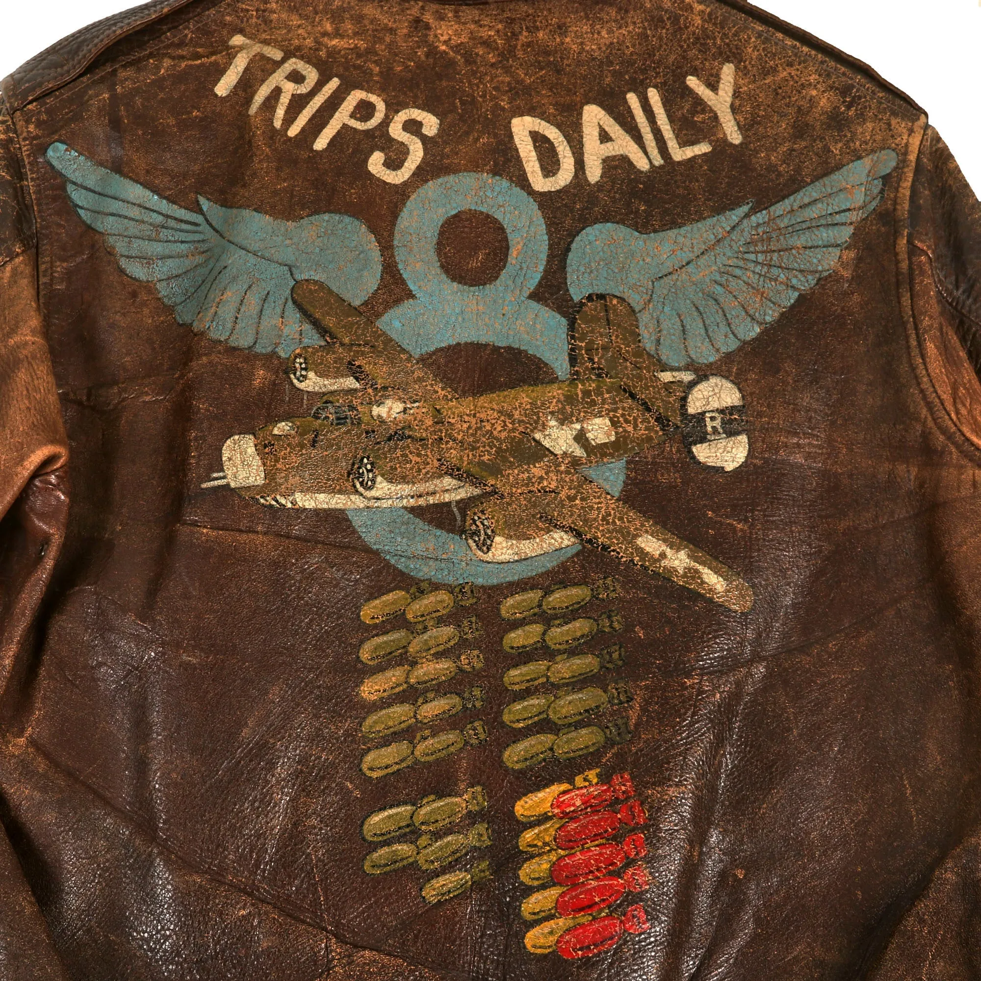Original U.S. WWII 8th Air Force 392nd Bomb Group 577 Squadron B-24 “Trips Daily” Hand Painted A-2 Leather Flying Jacket