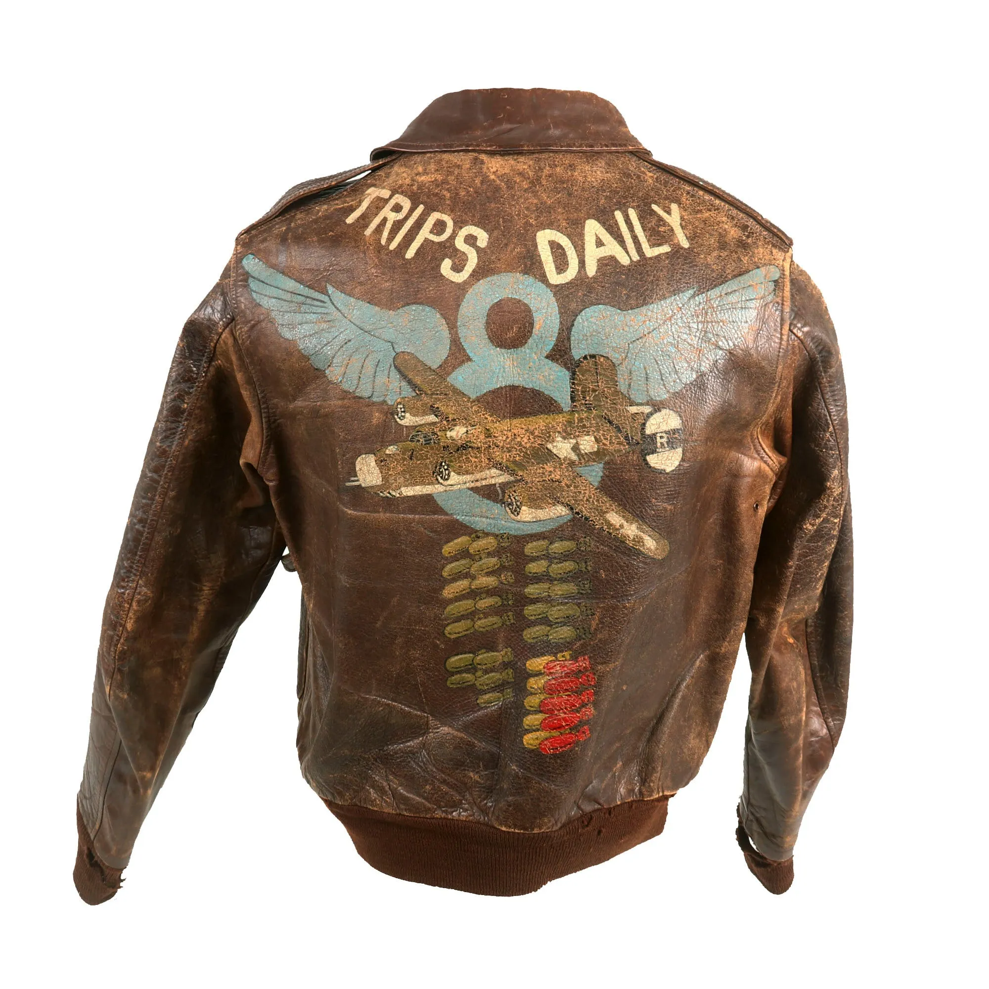 Original U.S. WWII 8th Air Force 392nd Bomb Group 577 Squadron B-24 “Trips Daily” Hand Painted A-2 Leather Flying Jacket
