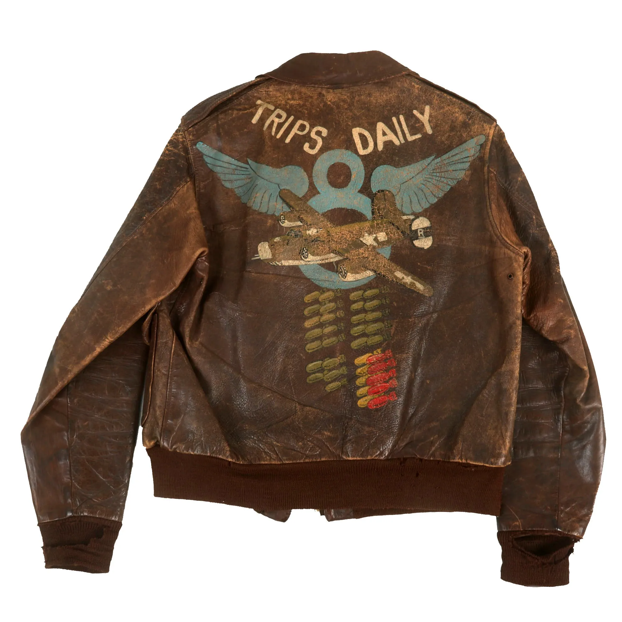 Original U.S. WWII 8th Air Force 392nd Bomb Group 577 Squadron B-24 “Trips Daily” Hand Painted A-2 Leather Flying Jacket
