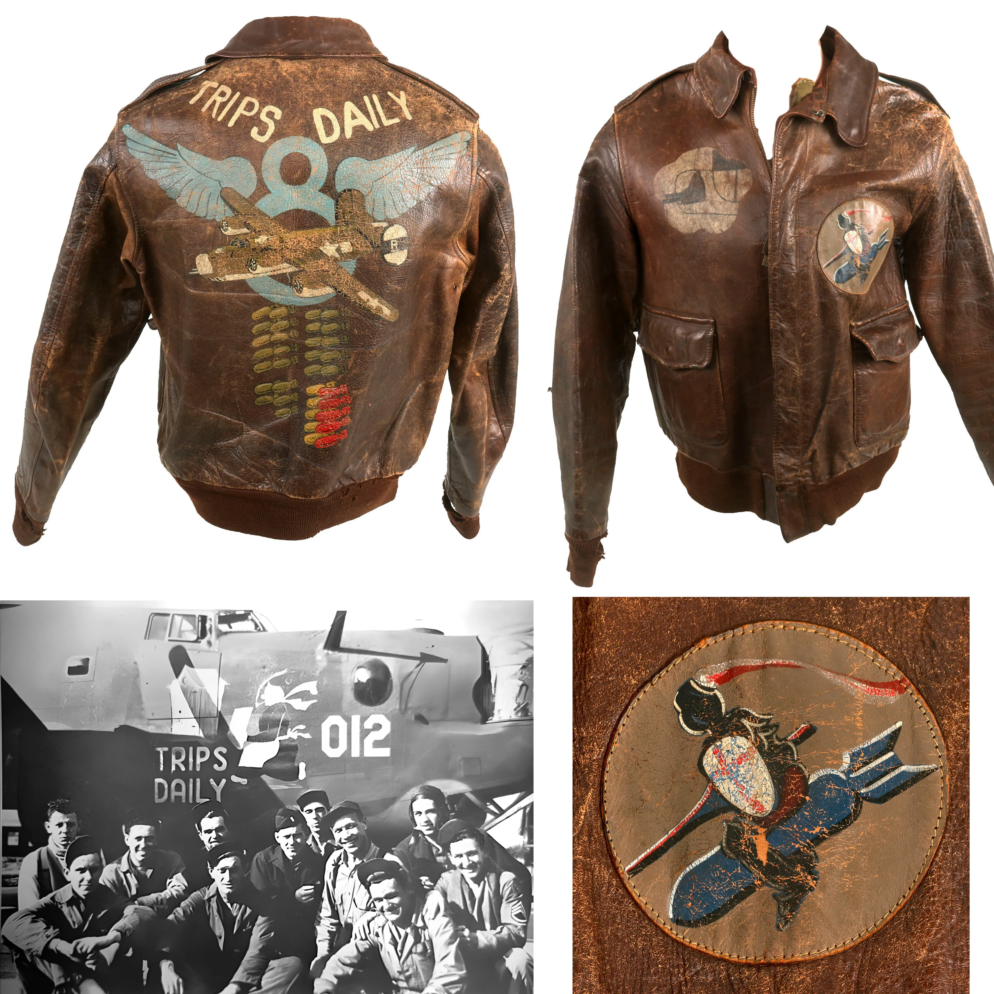 Original U.S. WWII 8th Air Force 392nd Bomb Group 577 Squadron B-24 “Trips Daily” Hand Painted A-2 Leather Flying Jacket