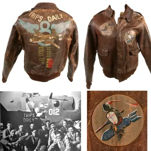 Original U.S. WWII 8th Air Force 392nd Bomb Group 577 Squadron B-24 “Trips Daily” Hand Painted A-2 Leather Flying Jacket