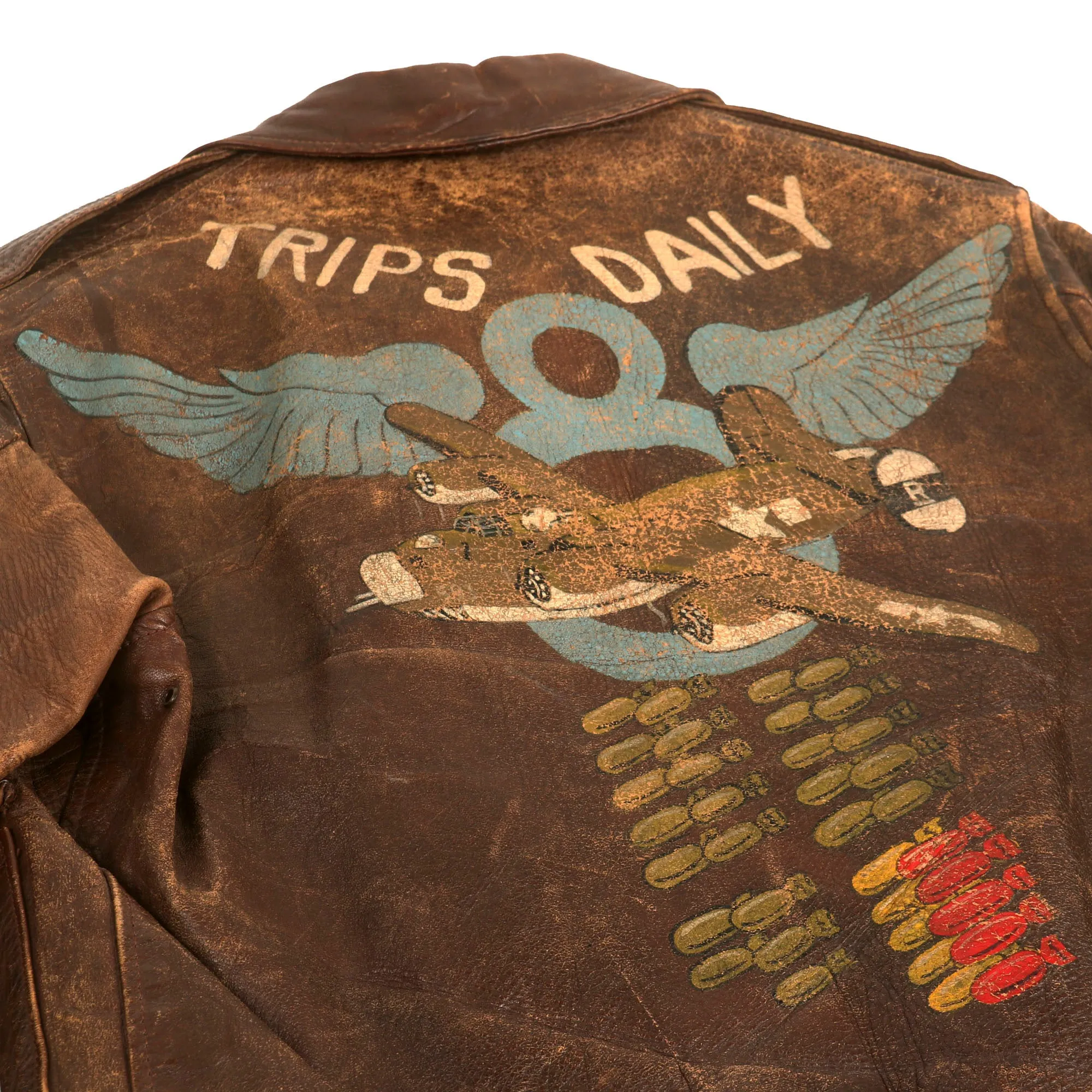 Original U.S. WWII 8th Air Force 392nd Bomb Group 577 Squadron B-24 “Trips Daily” Hand Painted A-2 Leather Flying Jacket